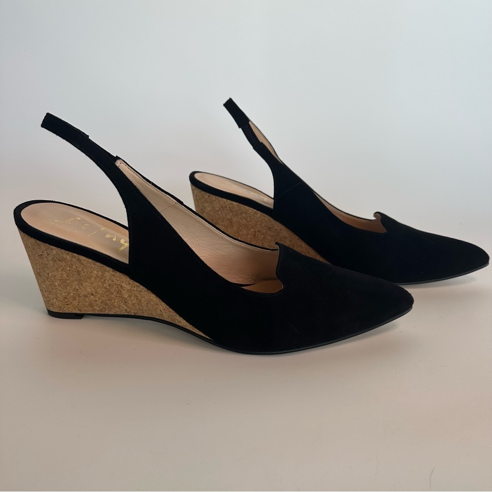 French Sole FS/NY Suede Black Slingback Cork Wedge Heels Size 10